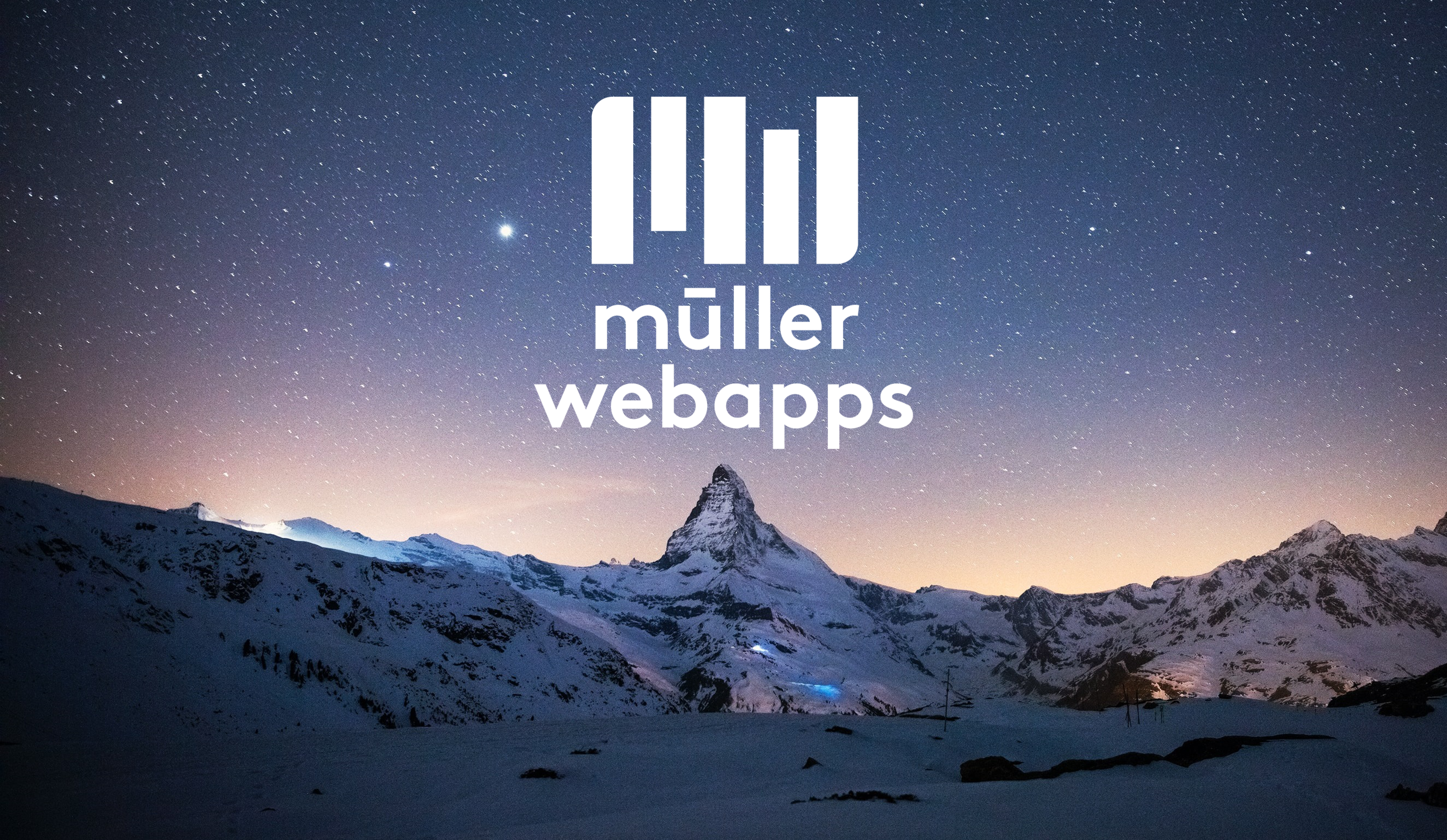 Das Matterhorn bei Nacht mit Schriftzug und Logo von Müller WebApps
