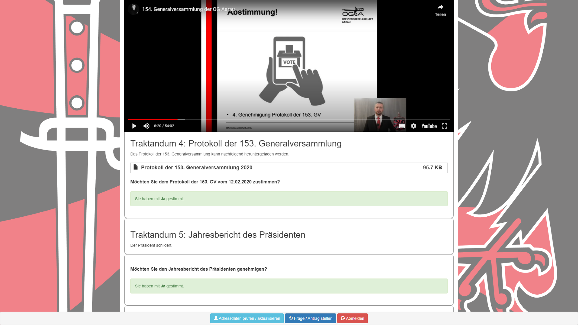 Ein Screenshot aus der Versammlung bei der Abstimmung zum Protokoll der letztjährigen Versammlung