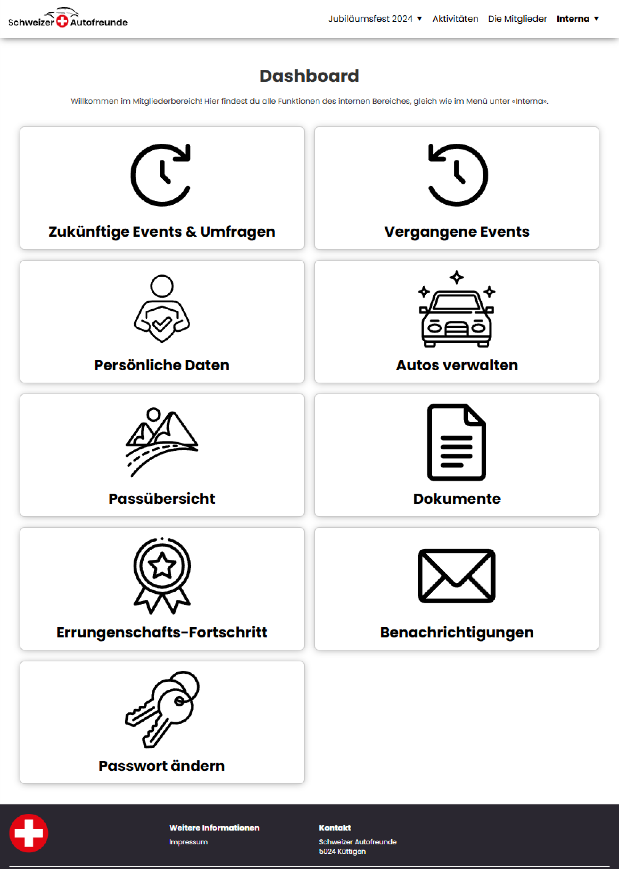 Das Dashboard für Mitglieder mit Einstiegspunkten in alle relevanten Bereiche.